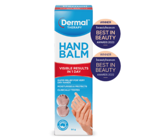 Front view of Dermal Therapy Hand Balm packaging, showcasing the product box with prominent beautyheaven Best in Beauty 2023 and 2022 winner badges for Best Hand Cream.