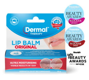 Front view of Dermal Therapy Lip Balm packaging, showcasing the product box with prominent Prevention Australia The Best of Beauty 2023, 2022, winner badge for Mamamia You Beauty Awards and winner badge for Beautyheaven Glosscar Awards 2024.